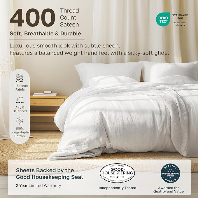 California Design Den 2-Pack Soft 100% Cotton Sateen Cal King Sheets Set | 400 Thread Count Backed by Good Housekeeping Seal, 16" Deep Pocket, All-Around Elastic, Durable, Easy Care - White