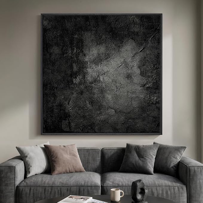 Extra Large Framed Black Abstract Wall Art Decor for Living Room, 48x48 In | Minimalist, Canvas prints, Modern paintings, Dark moody, Black frame, Square pictures, Dining room, Bedroom wall decor