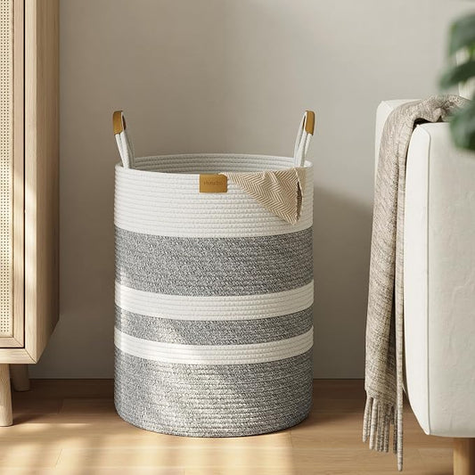 Nunsino 62L Striped Laundry Hamper with Leather Handles,Large Foldable Laundry Basket for Clothes,Cotton Rope Storage Bin for Blankets,Woven Clothes Basket for Bedroom,Gray Stripes