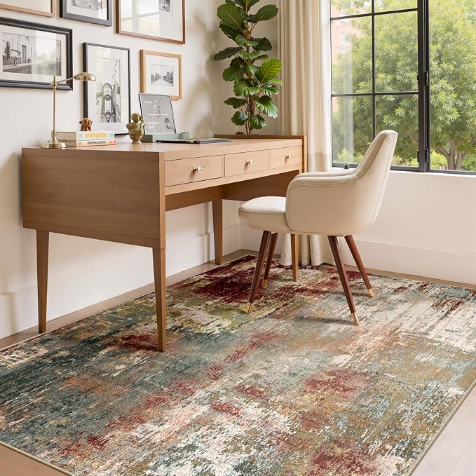 RELEANY Washable 4'x5' Abstract Area Rug for Living Room Rustic Brown | Carpet for Bedroom, Kitchen, Office, Hallway and Entryway, Printed Pattern, Non‑Slip, Soft, Stain‑Resistant, Easy to Clean