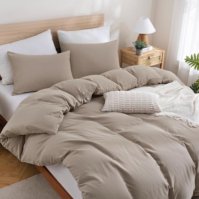 TOCOMOA 100% Muslin Cotton Duvet Cover Set, Taupe, Queen | Linen-Like Texture. Ultra Soft, Breathable, Comfy & Lightweight Fall Bedding Set with Zipper & 8 Ties. 3 Pcs, No Insert