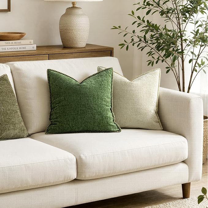 MIULEE Decorative Couch Throw Pillow Covers 20x20 Inch Forest Green 2 Pack | Farmhouse Pillow Covers with Stitched Edge, Soft Chenille Cushion Cases, for Sofa Bed Living Room Home Decor, Moss Green
