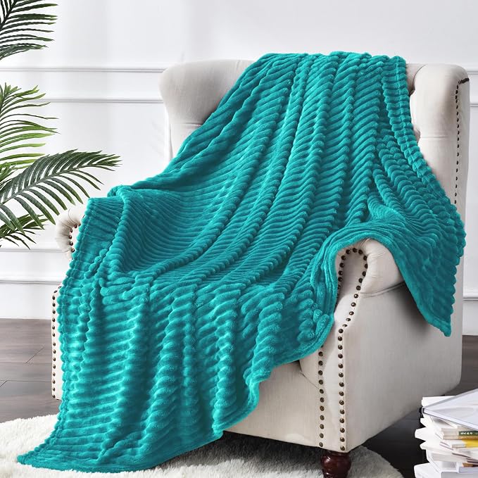 BEDELITE 3D Ribbed Ocean Blue Fleece Twin Blanket for Couch, 60x80 Inch | Soft Warm Fluffy Blanket for Bed Sofa College Dorm Room Decor, Luxury Cozy Plush Birthday Gifts for Women Girls, Lightweight