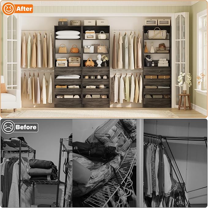 Aheaplus Closet System with 12 Drawers, 8.5-11.5Ft Wood Closet Organizer | Black Oak Closet Storage with 4 Hanging Rods & 3 Towers, 4Ft & 6Ft L-Shaped Walk-in Closets Wardrobe Organizer, Set of 3