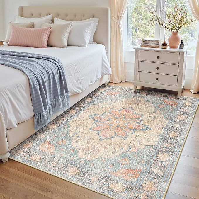 RELEANY Washable Area Rug, 4'x6', Blue/Orange/Red | Non-Slip, Water Repellent, Pet Friendly, Easy to Clean, Vintage Floral Boho Decor for Living Room Bedroom Kitchen Office