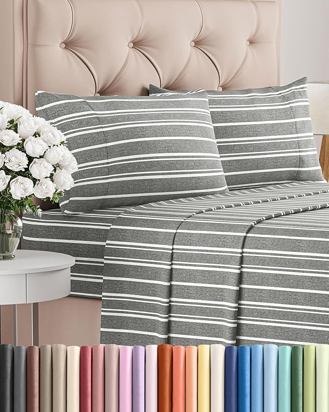 Full Size 4 Piece Sheet Set - Breathable & Cooling Sheets - Grey Stripes | Hotel Luxury Bed Sheets for Women & Men, Deep Pockets, Easy-Fit, Extra Soft and Wrinkle Free Sheets, Oeko-Tex Bed Sheet Set