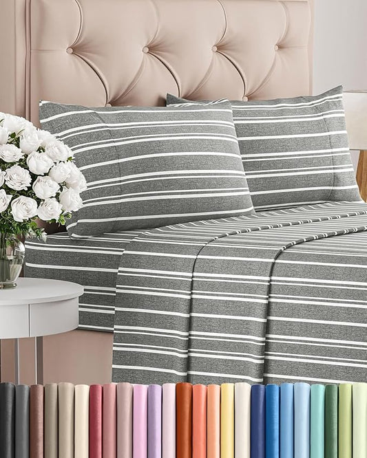 Full Size 4 Piece Sheet Set - Breathable & Cooling Sheets - Grey Stripes | Hotel Luxury Bed Sheets for Women & Men, Deep Pockets, Easy-Fit, Extra Soft and Wrinkle Free Sheets, Oeko-Tex Bed Sheet Set