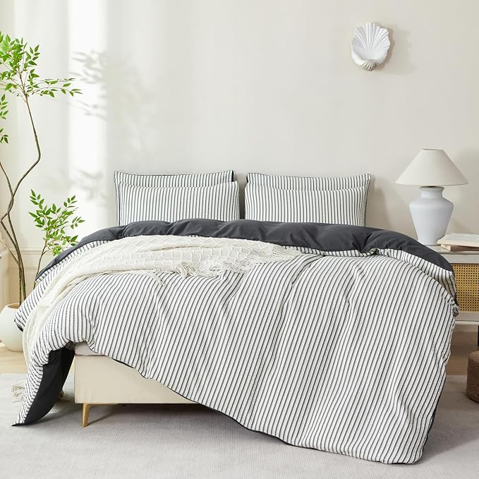 Dark Grey Comforter Set Queen Striped Washed Microfiber 3 Pieces Jacquard Bedding, White & Grey Vertical Ticking Stripes Comforter with 2 Pillowcases, Luxury Soft Breathable Durable Comfy