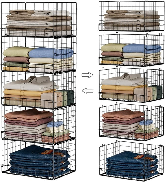 Yociyoga 5-Tier Stackable Closet Organizers and Storage Shelves, Closet Shelf Organizer Basket Bins, Foldable Sweater Storage for Closet Organizer System, Black(Patent 30022416)