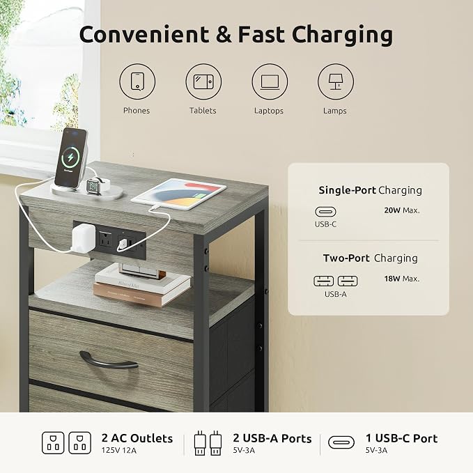 Lazzanto Night Stand with Charger Station, 4 Fabric Drawers, Grey | Nightstand, Bedside Table, Open Shelf, Built in USB-A, USB-C Port & AC Outlets, For Bedroom, Dorm, Living Room