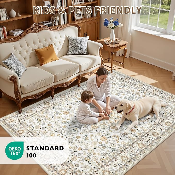 8x10 Area Rugs Living Room: Washable Vintage Rug for Bedroom Beige | Boho No Slip Stain Resistant Rug Soft Indoor Decor Floor Floral Area Rugs for Dining Room, Nursery, Hallway, Home Office