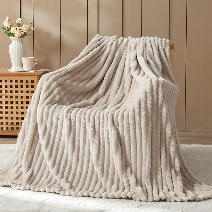 NEWCOSPLAY Fleece Ribbed Cozy Queen Blanket for Couch, Linen, 90"x90" | Premium Silky Flannel Blanket, Soft Lightweight Fluffy Throw Blanket for Bed Sofa Decor, Gift for All Season Use