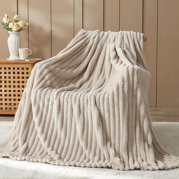 NEWCOSPLAY Fleece Ribbed Cozy Throw Blanket for Couch, Linen, 50"x60" | Premium Silky Flannel Blanket, Soft Lightweight Fluffy Throw Blanket for Bed Sofa Decor, Gift for All Season Use