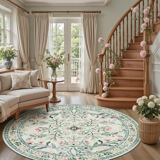 PLHXFR Round Area Rug Living Room: 8 ft Floral Washable Carpet Green Beige | For Bedroom Dining Room Farmhouse Nursery Hallway,Vintage Floral,Machine washable,Non Slip,Stain Resistant,Large Indoor