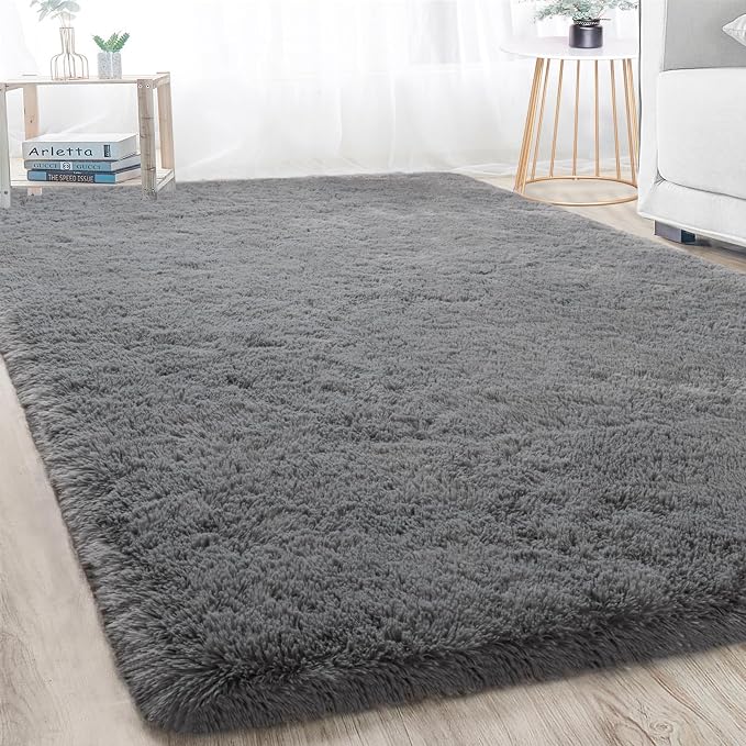 Soft Area Rugs for Livingroom Bedroom, Shaggy Plush Fuzzy Fluffy Carpet Furry Fur Rug, Modern Indoor Comfy Nursery Kids Dorm Home Decor Floor Mat, 4 x 6 ft, Charcoal