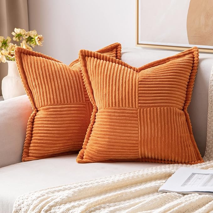 MIULEE Fall Orange Decorative Throw Pillow Covers for Couch 18x18 Inch | 2 Pack, Boho Broadside Striped Patchwork Pillow Covers, Soft Corduroy Cushion Cases, For Sofa Bed Livingroom Home Decor