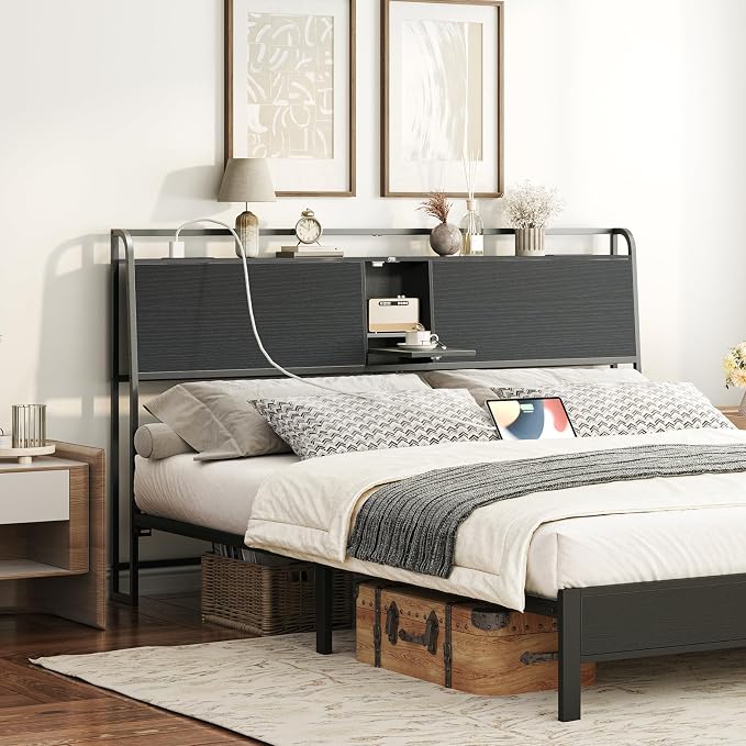 MAHANCRIS Headboard King Size with 2 Power Strips and Flip Door Storage | Industrial King Headboard with Adjustable Bed Frame Adapters, 95° Backrest, Easy Assembly, Sturdy Construction, Black