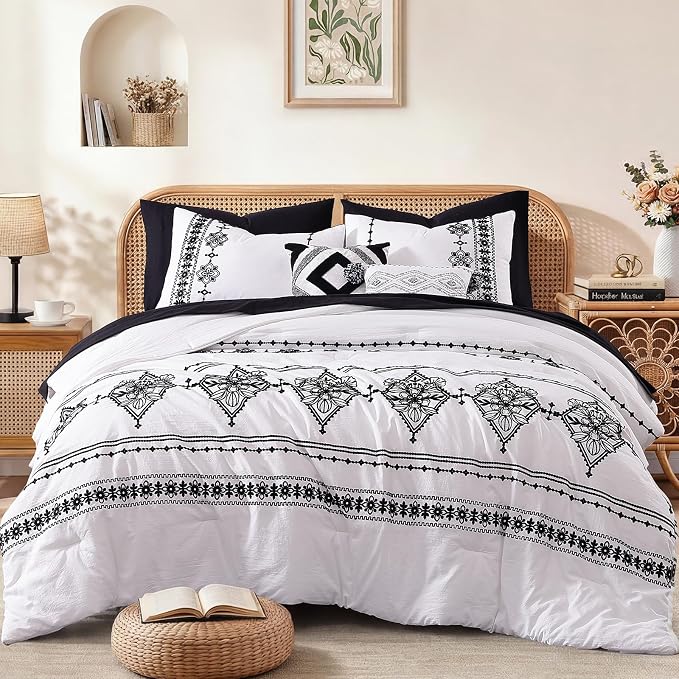 MaiRêve Queen Comforter Set Embroidery Floral 7 Pieces Bed in a Bag | Frost White Boho Farmhouse Bedding Sets with Comforter, Sheets, Pillowcases & Shams
