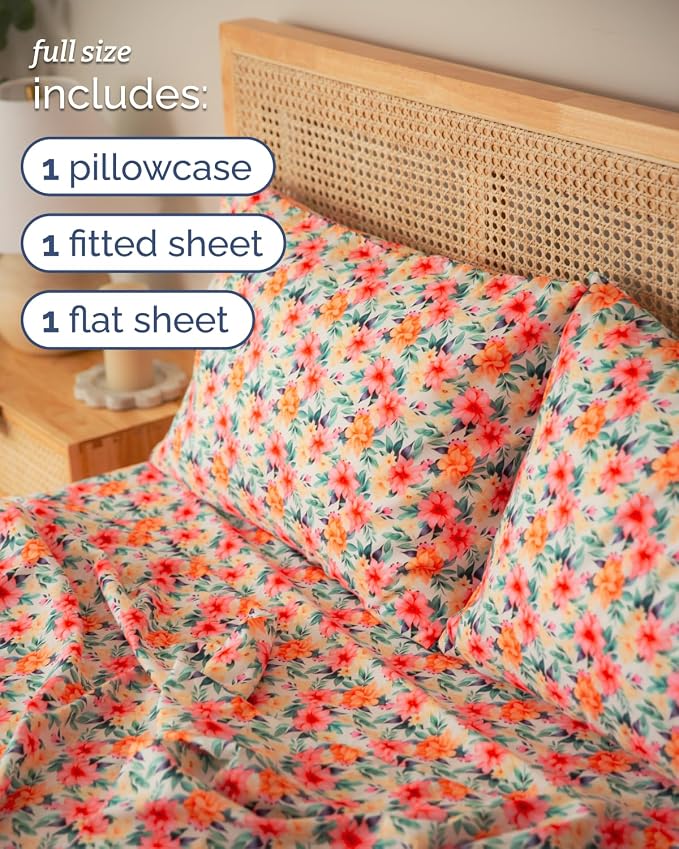 Full 4 Piece Floral Sheet Set - Breathable & Cooling - Sunset Hibiscus | 1 Flat, 1 Fitted & 2 Pillowcases w/ Deep Pockets, Boho Botanical Floral Bedding, Breathable & Cooling, Wrinkle & Fade Free