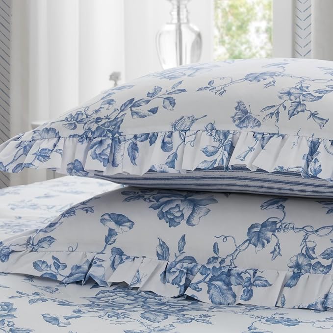 Madison Park Essentials Blue Floral Comforter Set with Sheets Twin XL,5pc | Reversible, Elegant College Dorm Bedding, Ruffle Bed in a Bag, All Season, Machine Washable, Wrinkle Resistant, Ultra Soft