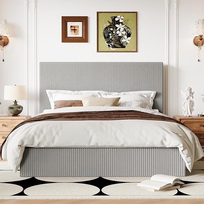 Allewie Queen Bed Frame, Adjustable Corduroy Headboard, Platform, Grey | Adjustable Headboard, Corduroy Fabric, Low Profile, Wooden Slats, 900 lb Capacity, No Box Spring Needed