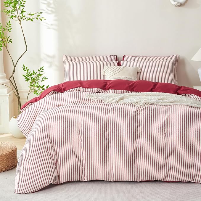 Comforter Set King Size Brick Red Striped Soft Luxury Washed Microfiber Jacquard 3 Pieces White Brick Red Vertical Ticking Stripes Pattern Comforter with 2 Pillowcases Breathable Durable Comfy