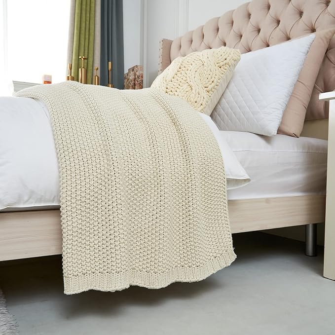 Chunky Cable Knit Throw Blanket Lightweight Cream 100% Organic Cotton Blanket for Sofa Couch Bed Baby Nursery, Rustic Shabby Chic Modern Farmhouse, 60” x 80” Give Laundering Bag