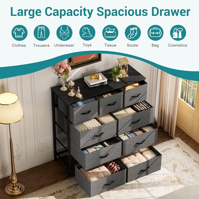 OLIXIS 9 Drawer Fabric Dresser for Bedroom, Closet Organizer Storage Tower | Easy-Pull Chest of Drawers, Lightweight Clothes Organizer, Anti-Tip Design, Space-Saving Storage for Dorm, Apartments, Gray