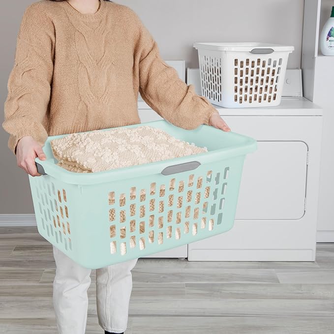 Sterilite Laundry Basket, Plastic Clothes Hamper, Large Rectangle Bin with Comfort Grip Handles and Reinforced Rim, 2 Bushel Capacity, Mint, 18 Pack