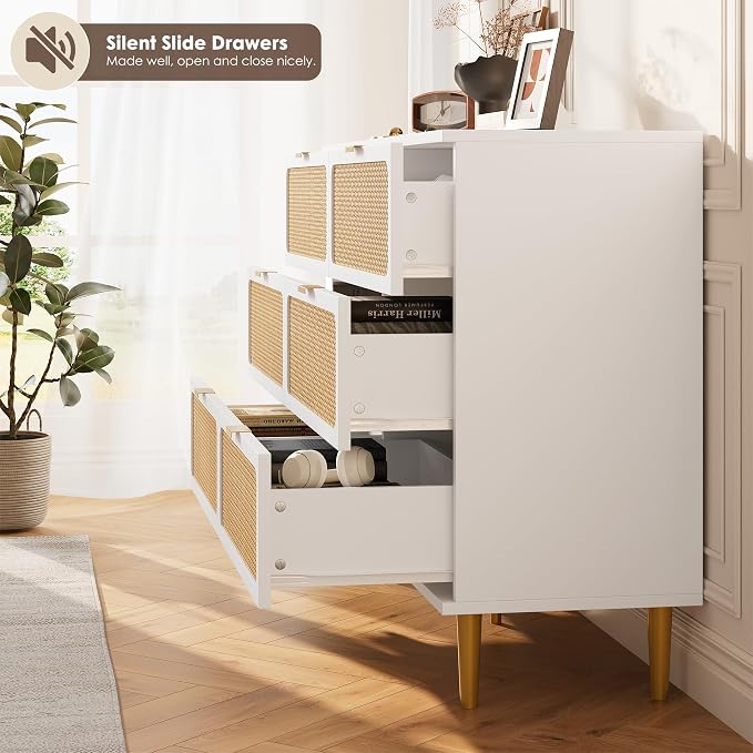 GarveeHome Rattan 6 Drawer Dressers for Bedroom, Deep Drawer, White | Tall Dresser, Wide Top, for Living Room, Hallway, Kids Room, Large Chest of Drawers for Closet, Long Wooden Dresser