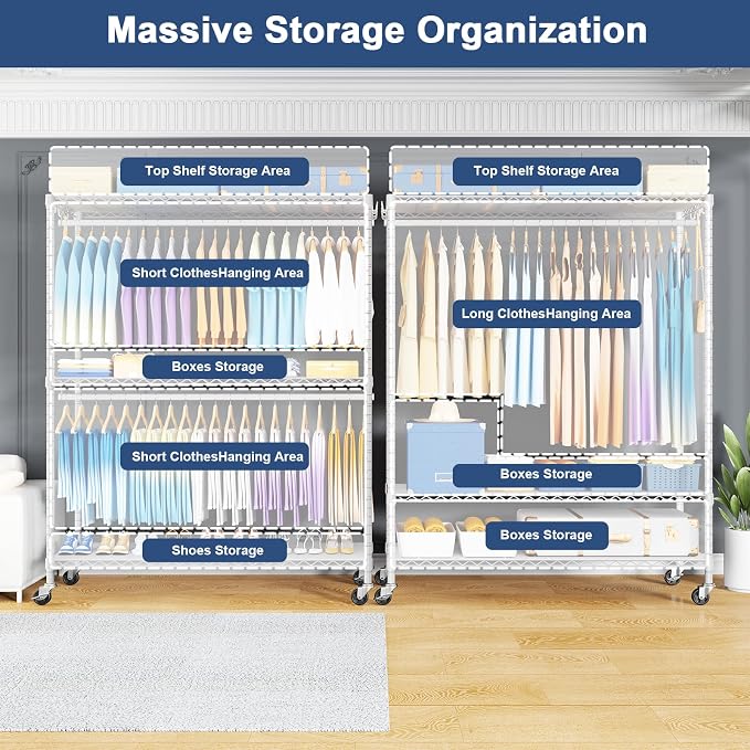 P8C Max Heavy Duty Clothes Rack（With Extended Width Design） Rolling Clothing Racks for Hanging Clothes with Lockable Wheels，51.2"W x 15.8"D x 80.5"H，Load 800LBS，White Rack with Black Cover