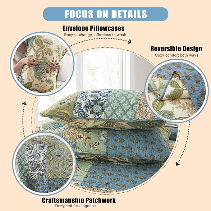 Quilt Set California King Size, 100% Cotton Patchwork Green Bohemian Quilt Sets, Reversible Bedspread Lightweight and Breathable for All Seasons, Soft Quilted Bedspread with 2 Pillow Shams