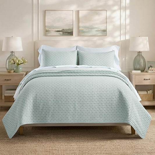 100% Cotton Cross Stitch 3-Piece Quilt Set, Queen, Seafoam Aqua | 100% Cotton, Elegant Cross Stitch, Soft & Breathable, Prewashed Softness, Oversized Design, OEKO-TEX® Certified