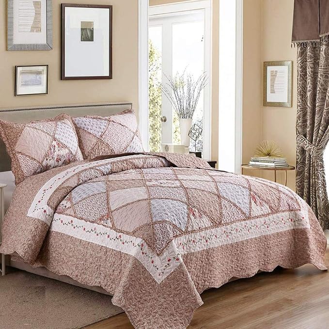 Full/Queen Size Quilt Set Pink Floral Patchwork Bedspreads Bedding Set | VIVILINEN 3-Piece Reversible Quilted Coverlet Lightweight Comforter Queen Bed Sheet Set Cover Blanket with 2 Pillow Shams