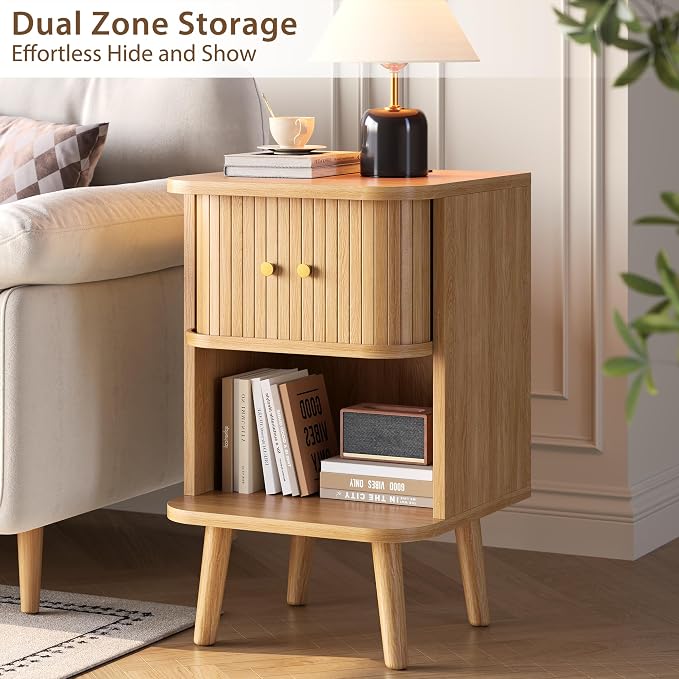 Decofy Fluted Nightstand with Charging Station & Sliding Door, Oak | Open Shelf, Space-Saving, Concealed Cabinet Storage, Mid Century Modern Bedside Tables, Bedroom End Tables