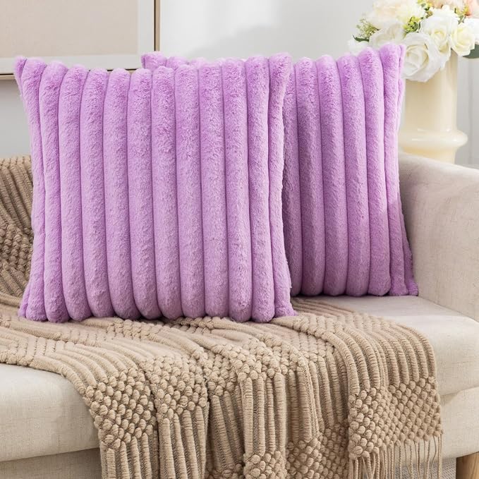 ZLINA Light Purple Striped Faux Fur Throw Pillow Covers 18 x 18 Inch | 2‑Pack, boho striped pillow covers,velvet back,fuzzy plush cushion covers , for sofa bed livingroom home decor