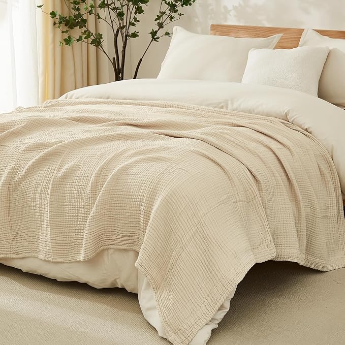 EMME Muslin Blankets for Adults Throw Blanket for Couch Breathable Gauze Soft Lightweight Airy Beige Super King 120" x 94"