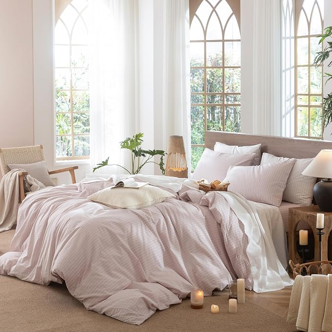 MooMee Striped Duvet Cover Set 100% Washed Cotton Linen Like Queen | Relaxed Linen-like Texture. Soft, Breathable & Long-lasting Comfort. Lightweight. Hidden Zipper with 8 Interior Corner Ties