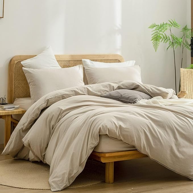 BESTOUCH Cotton Solid Duvet Cover Set Almond Milk Grey Oversized Full | 100% Washed Cotton, Soft Wrinkle Texture, Hidden Zipper, 8 Ties, Breathable Lightweight Durable Comfy, 3 Pcs No Insert