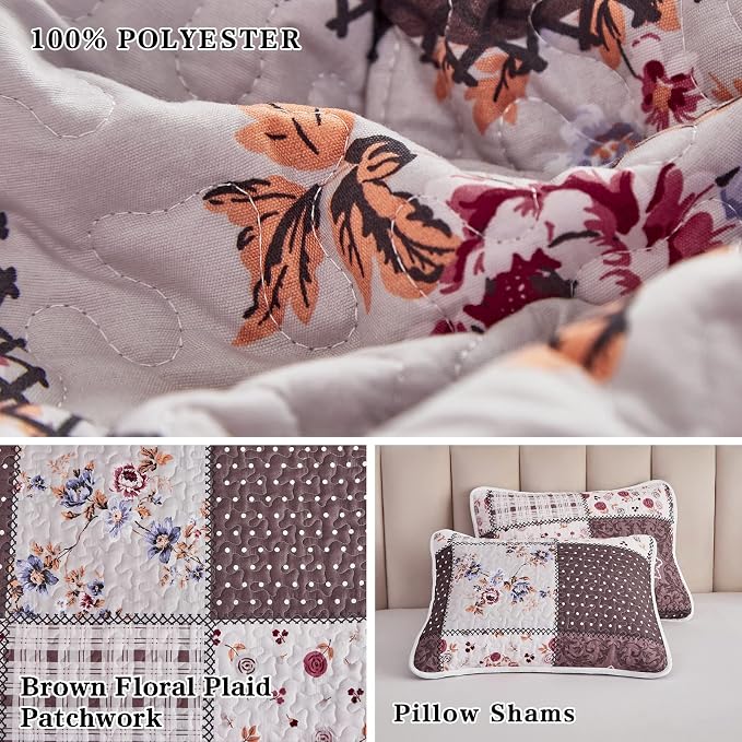 Patchwork Quilt Set Full/Queen Size, 3 Pieces Brown Floral Plaid Summer Bedspread Coverlet Set, Soft Microfiber Reversible Lightweight Bed Cover for All Season (90" x 90", 1 Quilt+ 2 Pillow Shams)