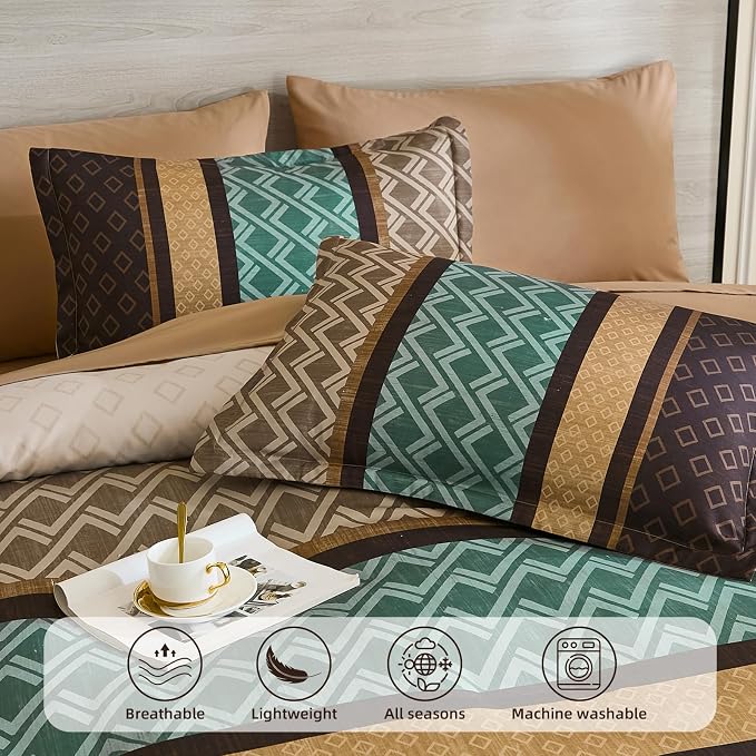 Cottolester Queen Comforter Set 7 Pieces,Boho Striped Bed in a Bag | Brown and Green Bed Set,Soft Microfiber Complete Bedding Sets