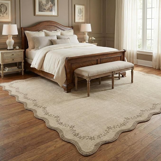 GarveeHome Scalloped Area Rugs 8x10 Large Jute Washable Living Room Rug | Soft Tan Floral Non Slip Backing Floor Mat Brown Carpet Indoor Thin Rug for Bedroom Dining Room Playroom Nursery Home Decor