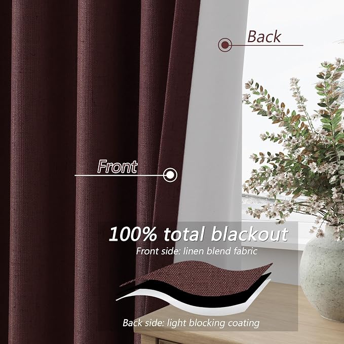 100% Blackout Curtains 84 Inch Length 2 Panels Set for Living Room Bedroom Back Tab Thermal Insulated Black Out Linen Drapes Room Darkening Reddish Brown,52x84