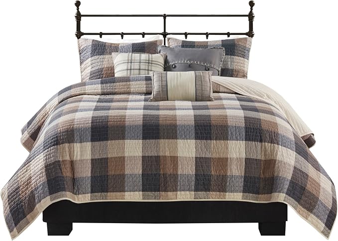 Madison Park Cabin Lifestyle Plaid Quilt Set, 6PC Full/Queen Coverlet | All Season, Luxurious Coverlet Bedspread Lightweight Bedding Layer, Shams, Decorative Pillow, Neutral