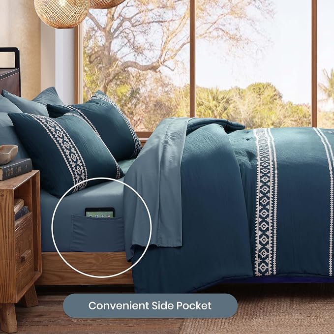 MaiRêve Embroidery King Size Comforter Set 7 Pieces Navy Blue Bed in a Bag | Western Boho Farmhouse Bedding Sets with Comforter, Sheets, Pillowcases & Shams