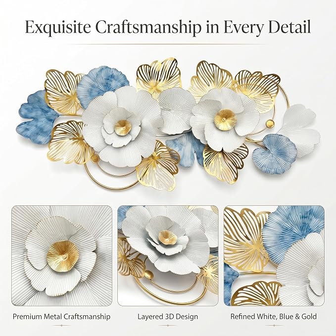 Axioglo 51" Large Wall Decor,3D Floral Metal Wall Art for Living Room | 51" x 22" metal wall decor with layered metal texture, mounting hardware, two-way display