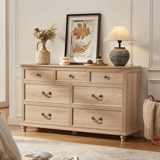 Joaxswe Farmhouse 54" 7 Drawers Dresser for Bedroom, Wide Chest of Drawers w/ 4 Wooden Legs, Vintage Rustic Large Closet Storage Dressers Organizer for Hallway, Wood TV Stand for Living Room, Natural