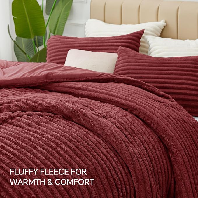 BEDELITE Fleece Full Comforter Set, Fluffy Bed Set, Burgundy | Super Soft & Warm Bedding, Luxury Fuzzy Faux Fur Comforter for Winter, Heavy Plush Bedding, with 2 Pillowcases