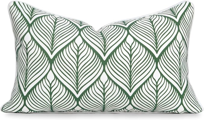 Hofdeco Premium Coastal Patio Indoor Outdoor Lumbar Pillow Cover Only, 12"x20" Water Repellent for Backyard, Couch, Green Print Geometric Leafs
