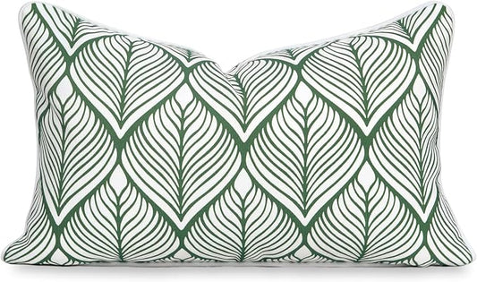 Hofdeco Premium Coastal Patio Indoor Outdoor Lumbar Pillow Cover Only, 12"x20" Water Repellent for Backyard, Couch, Green Print Geometric Leafs